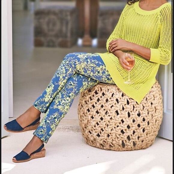 Soft Surroundings Elisabetta Blue Green Floral Gold Detail Pants W-045 Sz XS - Picture 2 of 8